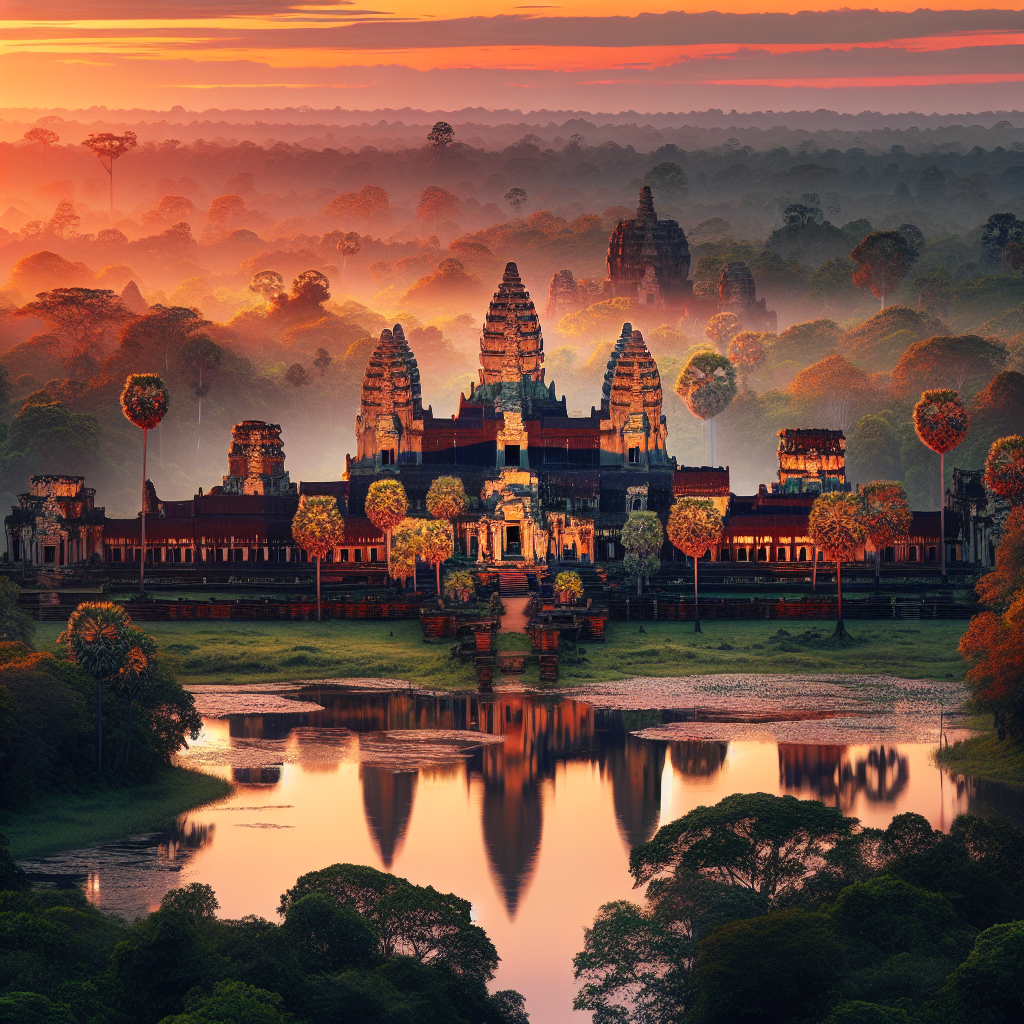 Stunning sunset view of the Angkor temples.