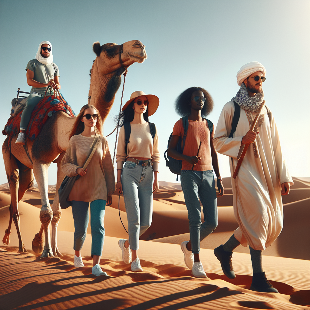 Tourists enjoying a camel ride through the Sahara desert