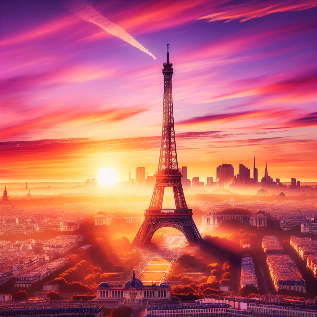 The Eiffel Tower beautifully lit during sunset.