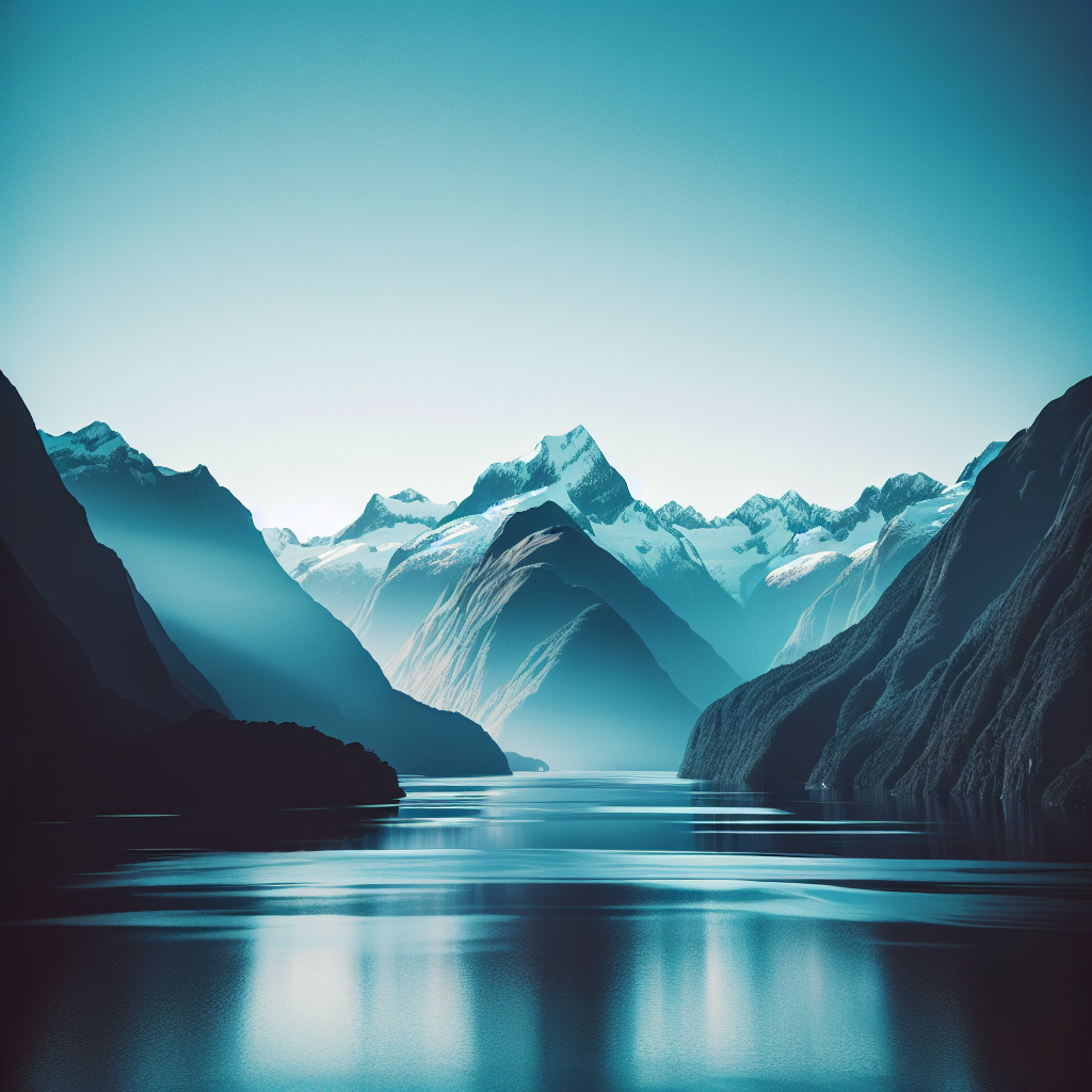 A panoramic view of the fjords in New Zealand.