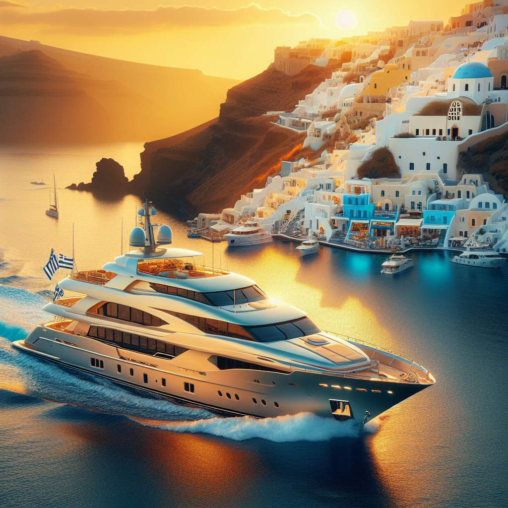 The iconic sunset in Santorini, viewed from a yacht.