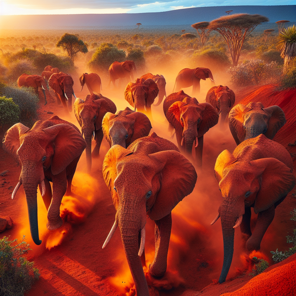 Red elephants in Tsavo National Park